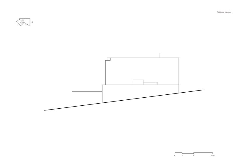Right side elevation drawing showing stacked rectangular volumes on a diagonal sloping grade