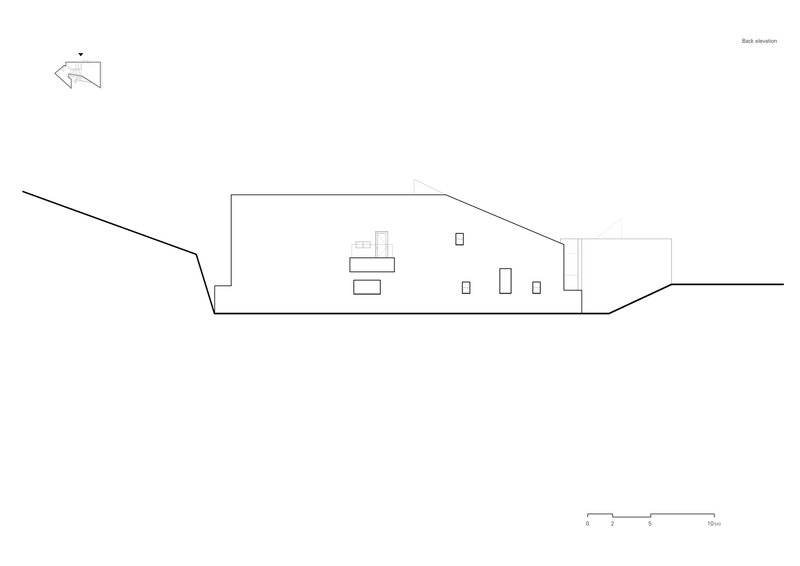 Back elevation drawing showing scattered window openings across a single-storey volume on sloped terrain