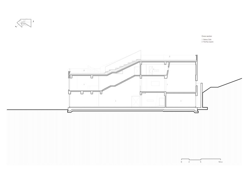 Section drawing showing interior levels with stepped floors following the downward slope of the site
