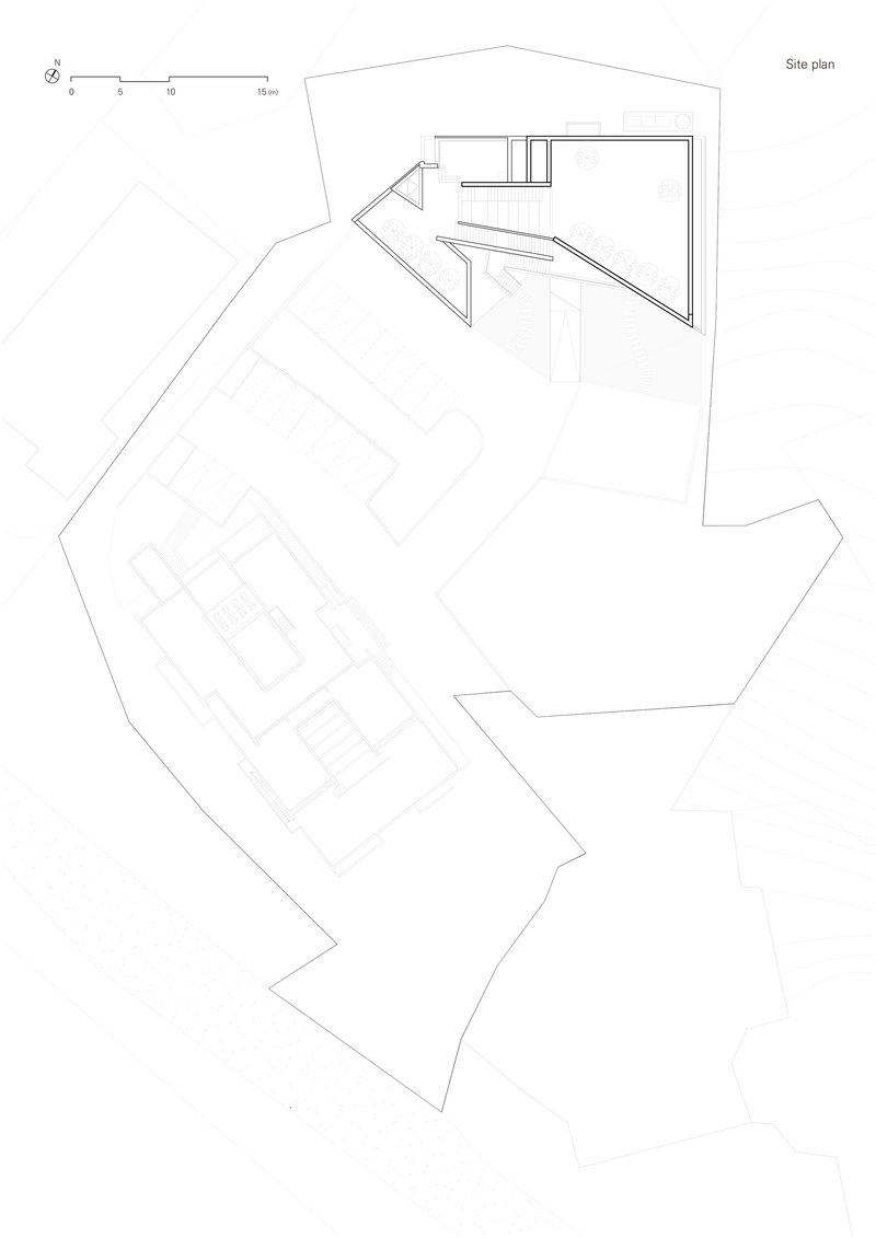 Site plan drawing showing an angled building volume on an irregular polygonal plot