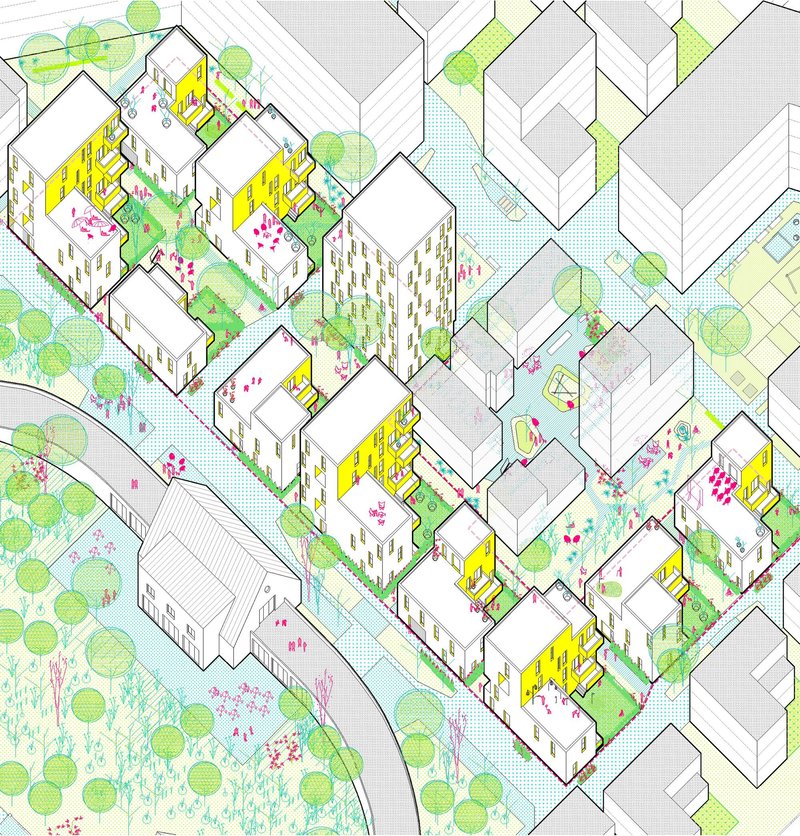 Axonometric drawing showing residential blocks arranged around courtyards with trees and pedestrian paths