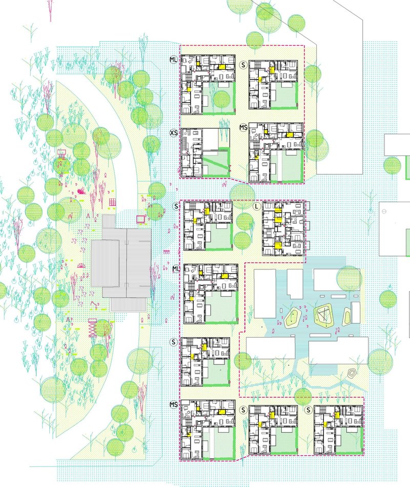 Site plan drawing depicting housing blocks with central courtyards surrounded by landscaping and water features