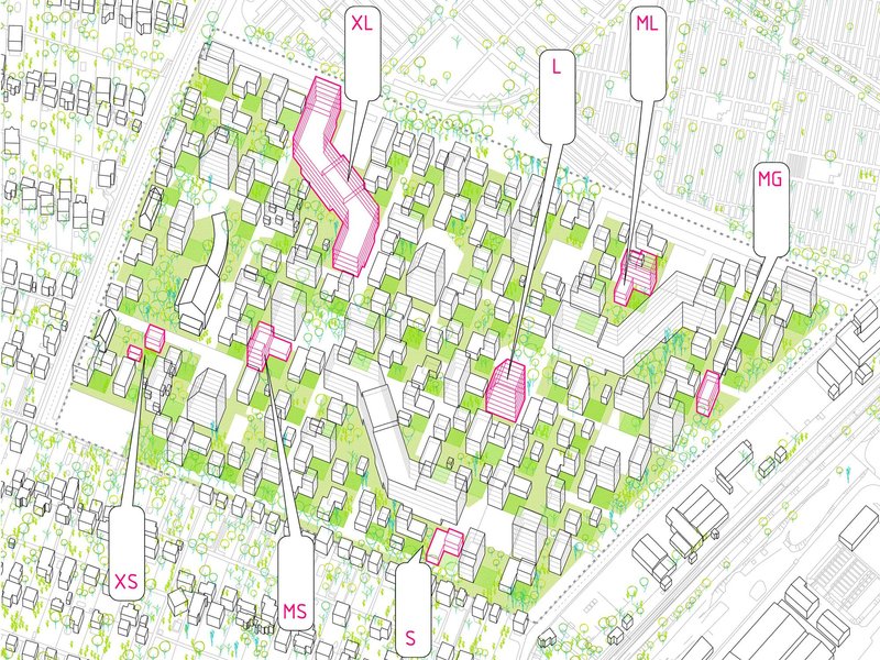 Site plan drawing showing residential blocks with green landscaping and building footprints marked in pink