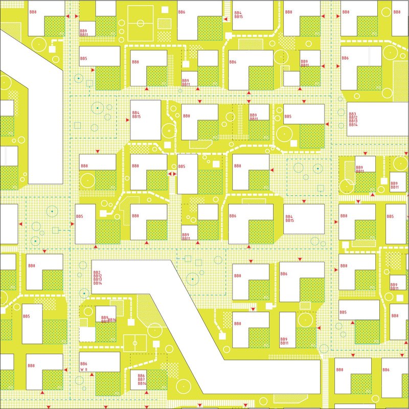 Masterplan drawing depicting housing blocks with yellow paving, green courtyards, and labeled building clusters
