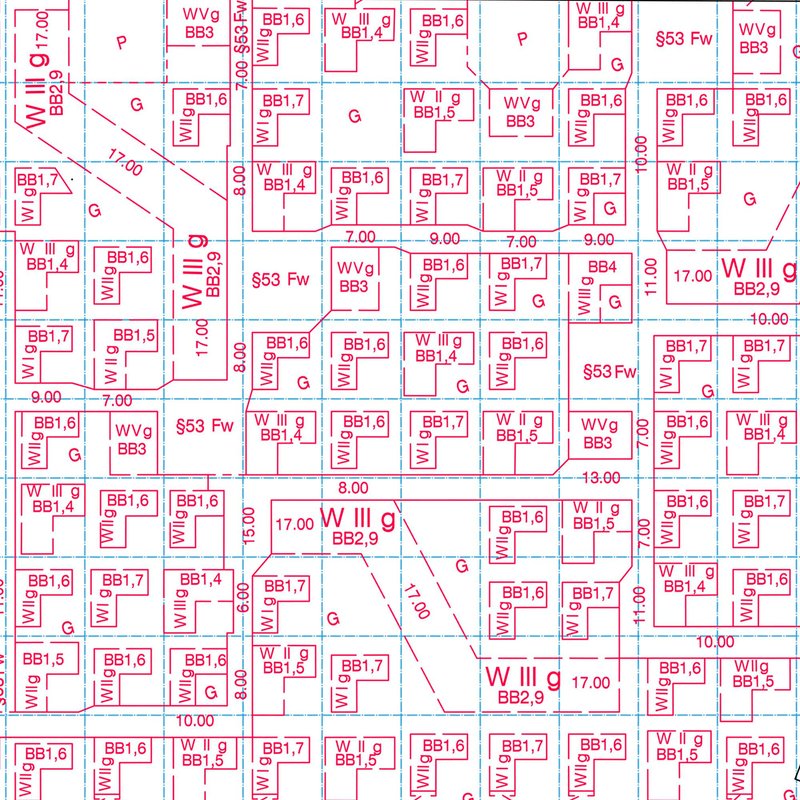 Technical site plan showing building footprints with dimensional annotations and zoning codes in red