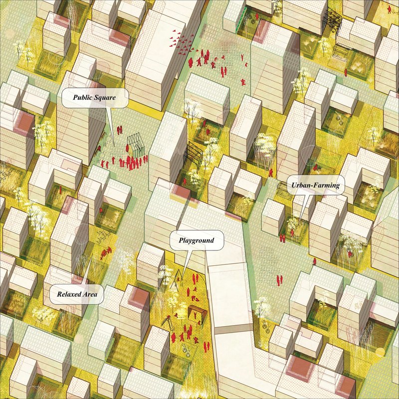 Axonometric drawing of housing blocks with green courtyards, people figures, and labeled public spaces