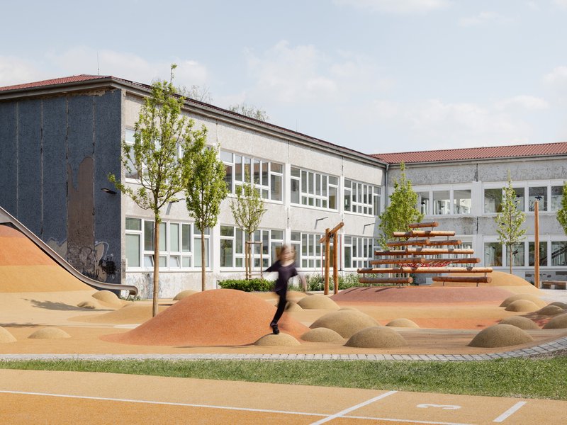 Undulating orange rubber play surface with planted trees and a child in motion crossing the courtyard