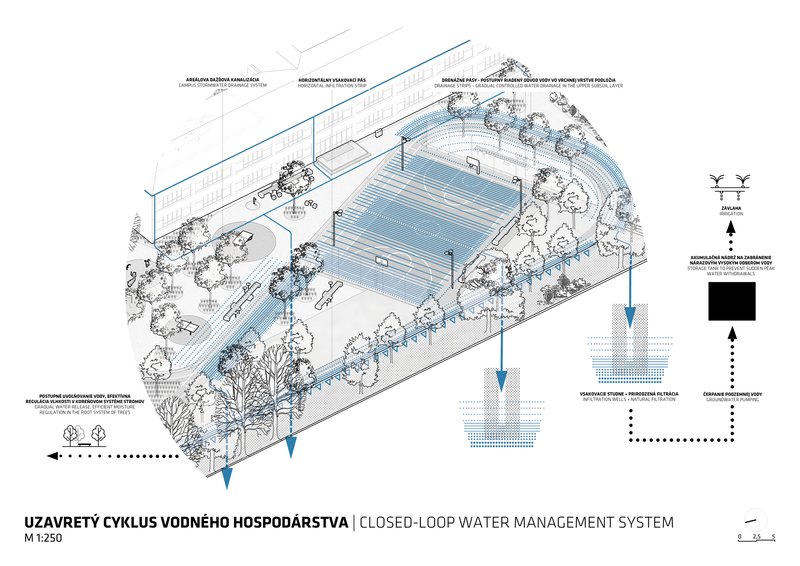 Axonometric drawing illustrating the closed-loop water management system with planted zones and drainage pathways