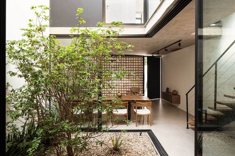 Interior courtyard with planted tree, gravel bed and perforated brick screen wall