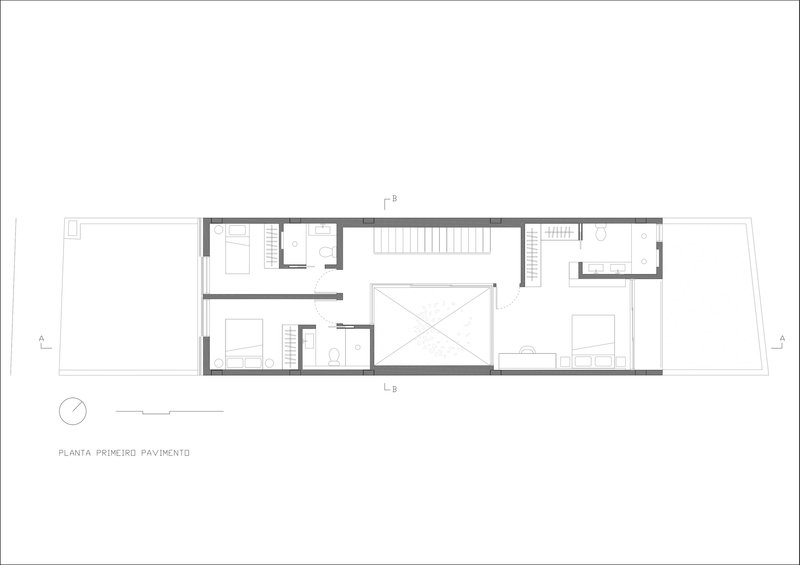 First floor plan showing bedrooms, bathrooms, and central void overlooking courtyard below