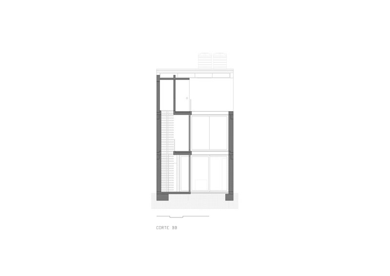 Transverse section drawing showing the three story volume with vertical stair circulation at the side
