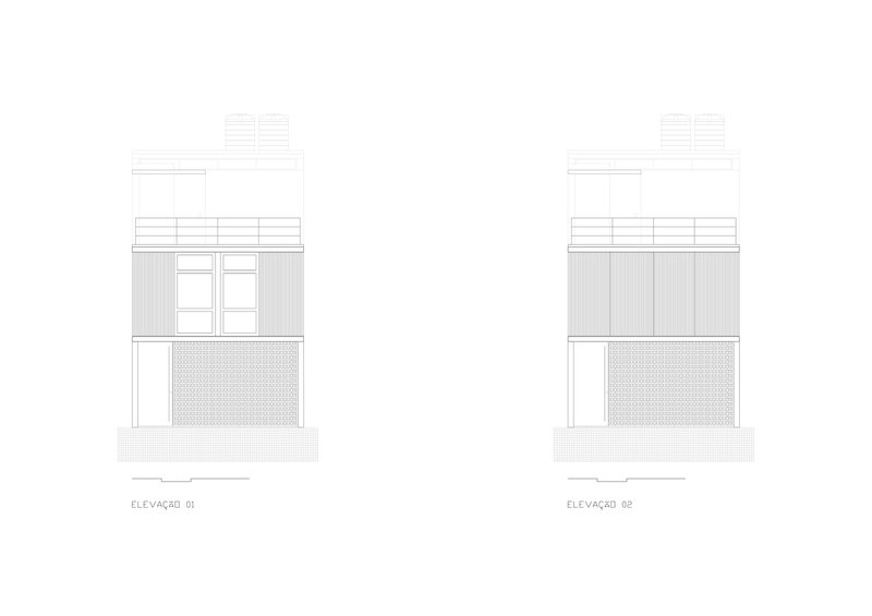 Front and rear elevation drawings displaying vertical wood siding and stacked window openings with rooftop elements