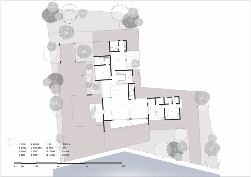 Site plan drawing showing L-shaped building footprint with courtyard pool and surrounding tree canopy