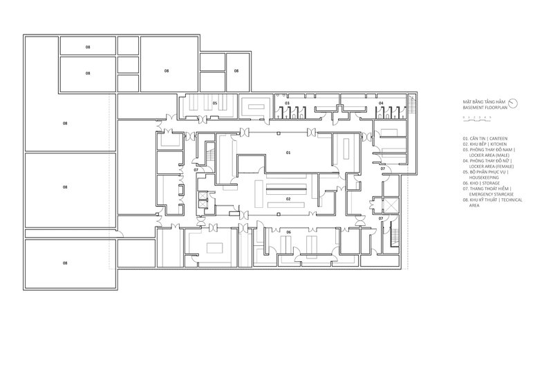 Basement floor plan drawing showing rooms radiating from a central circulation spine