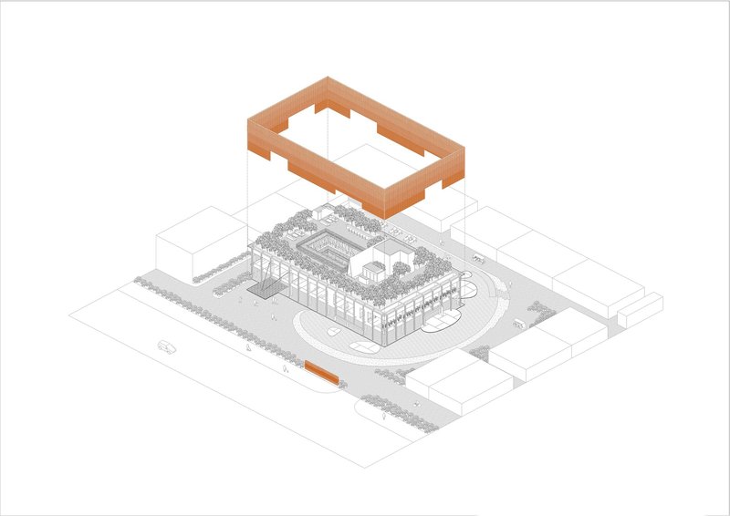 Axonometric drawing highlighting the timber-toned rooftop frame hovering above the transparent lower levels and site context