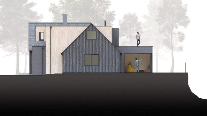 Section drawing showing pitched-roof volumes with figures on different levels among silhouetted trees