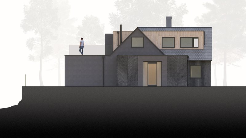 Elevation drawing showing the angled gable volume and rooftop terrace with a person standing on the platform