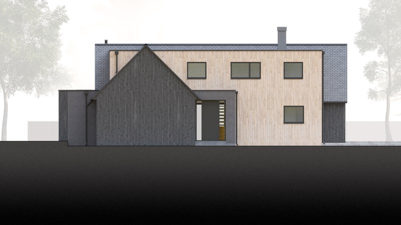 Elevation drawing depicting the timber-clad facade with scattered windows and central entry beneath a gabled volume
