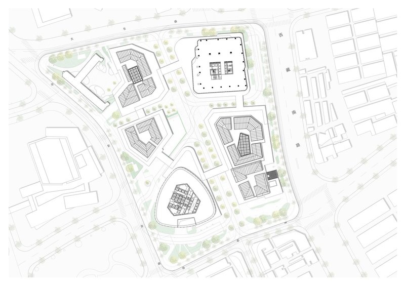 Site plan drawing showing cluster of buildings with street trees along perimeter roadways