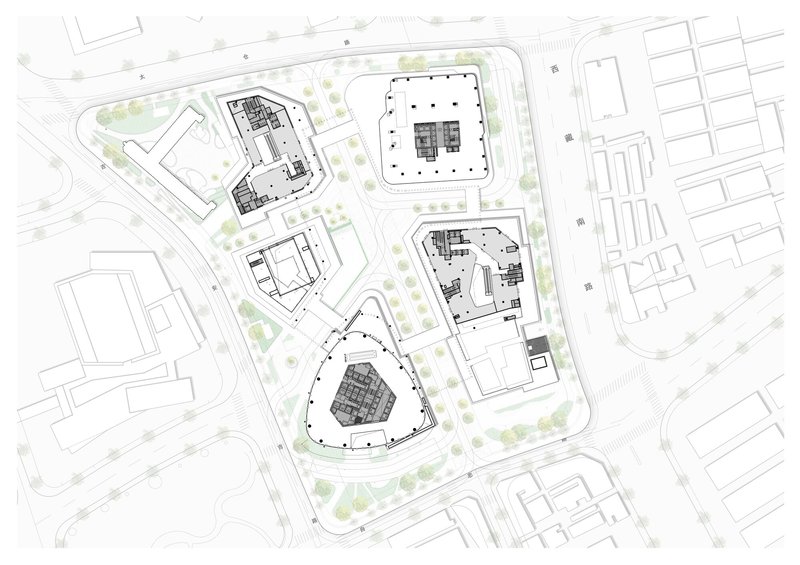 Site plan drawing showing five buildings arranged around a triangular central structure with surrounding landscaping and roadways