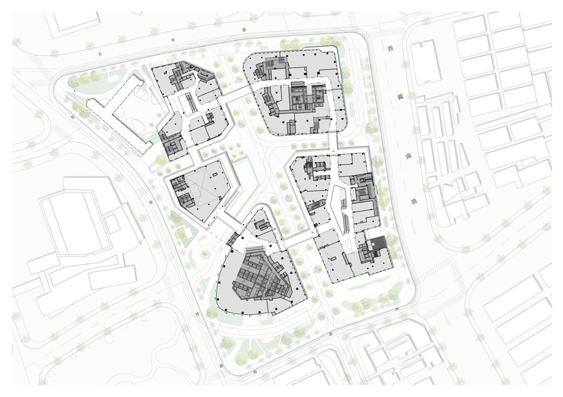 Site plan drawing showing the ground floor layouts of five buildings with interior circulation paths and programmatic zones