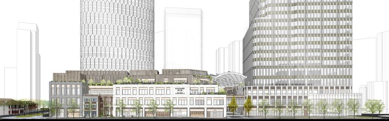 Elevation drawing showing a mixed-use streetscape with low-rise buildings, planted terraces, and high-rise towers behind
