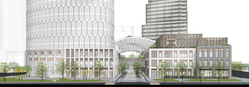 Elevation drawing showing mid-rise buildings with regular window patterns, trees at street level, and towers flanking the composition