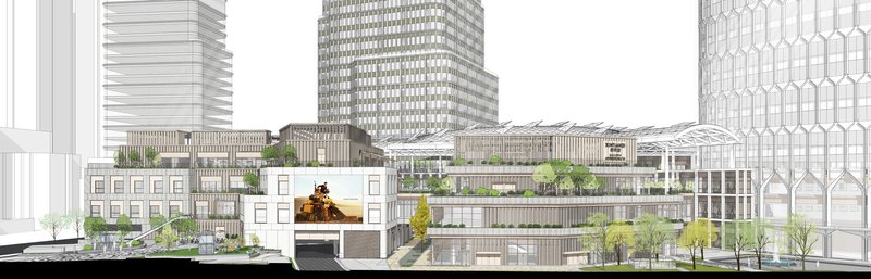 Section drawing showing multi-level planted terraces connecting low-rise and high-rise structures with trees distributed across the levels