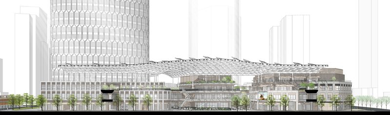 Elevation drawing showing a low-rise podium with expansive roof canopy flanked by high-rise towers