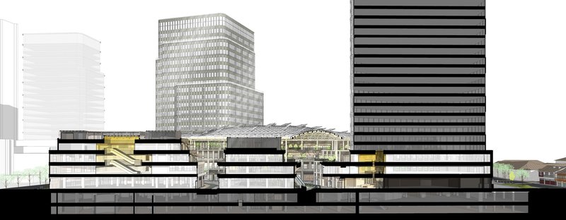 Section drawing revealing horizontal striped volumes with yellow accent spaces between surrounding towers