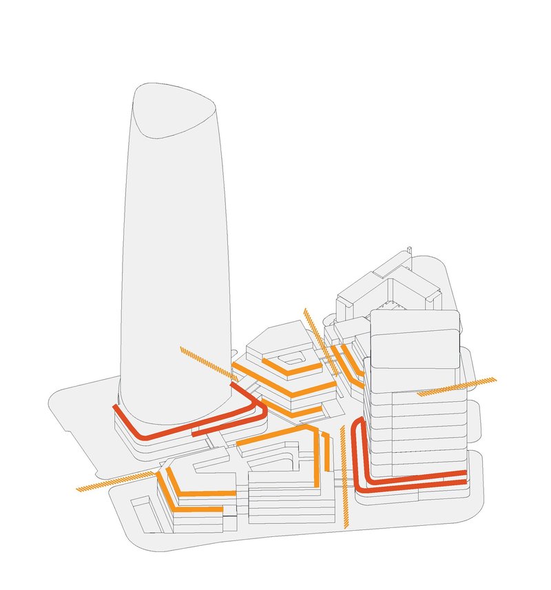 Isometric diagram of circulation routes in orange linking tower podium and low-rise volumes