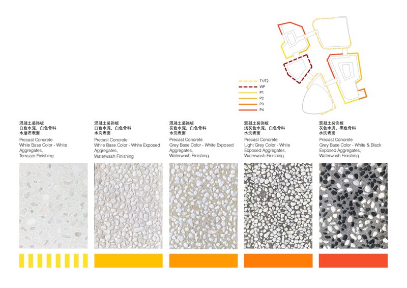 This architectural presentation board showcases a material palette for a building's exterior finishes. It features five different types of precast concrete with