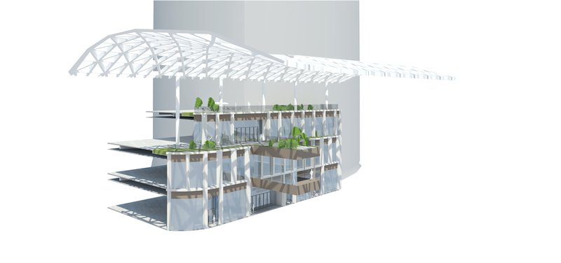 This architectural rendering presents a section view of a modern building, showcasing its terraced levels and glass facade. The design incorporates green roofs