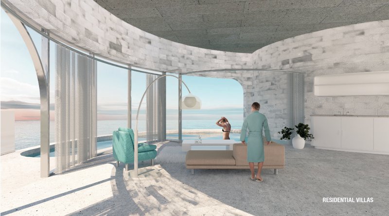 Residential villas overlook the Adriatic Sea, blending sustainable living with immersive offshore architecture.