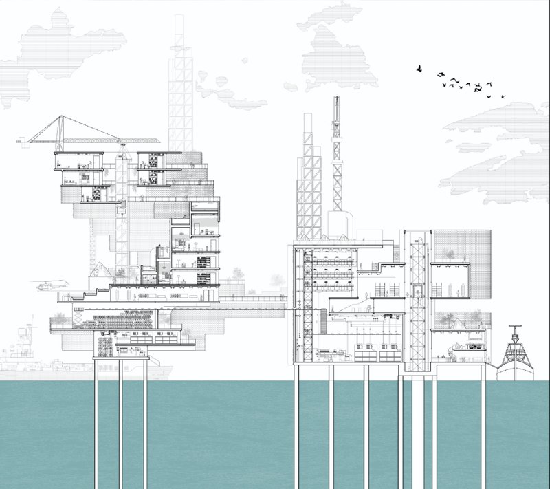 Sectional drawings reveal the layered spatial organization connecting museums, production spaces, and marine retreat programs.