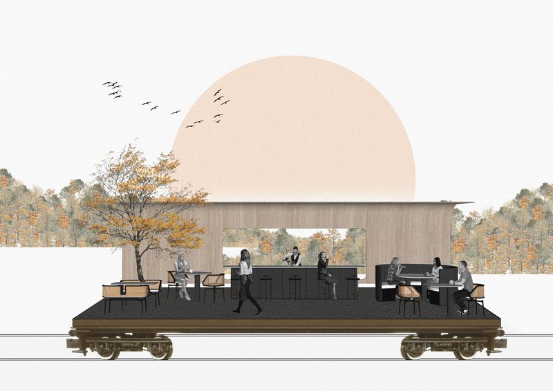 Section drawing of a railcar pavilion with people dining beneath a domed roof and autumn trees