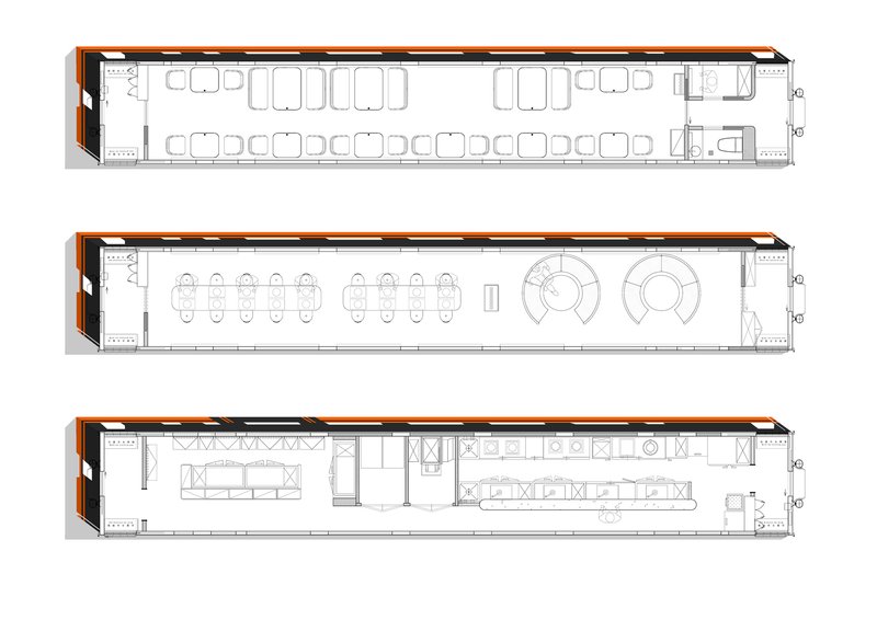 Floor plan drawings showing three railcar configurations with seating, dining, and kitchen areas