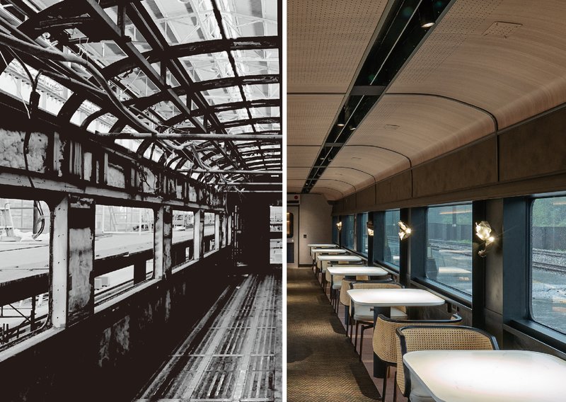 Before and after comparison of train carriage interior showing original steel frame and renovated dining space