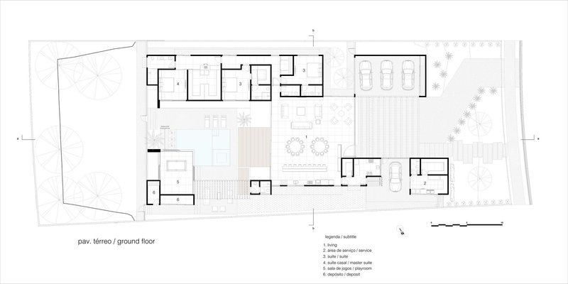 Ground floor plan showing interior spaces, pool area, and surrounding landscape