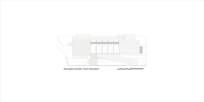 Front elevation drawing showing a horizontal volume with vertical slatted screen and glazed openings