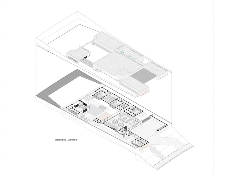 Exploded isometric drawing revealing the layered roof plane and interior room layout below