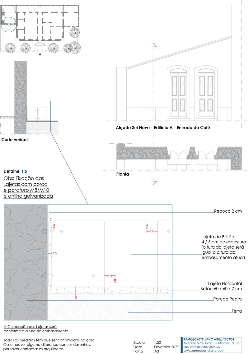 Elevation and section drawings showing stone paving detail with plan view of interior layout above