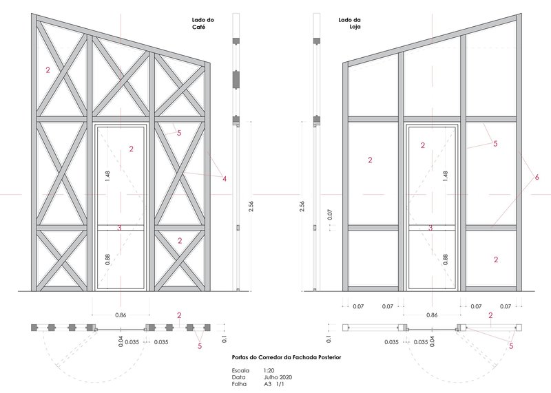 Elevation drawings comparing two facade options with diagonal bracing and simple glazing frames