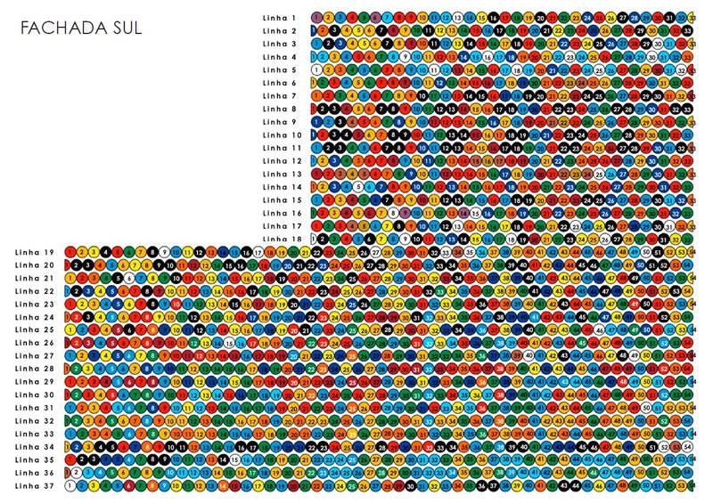Elevation drawing of the south facade showing a grid of multicolored circular panels arranged in rows