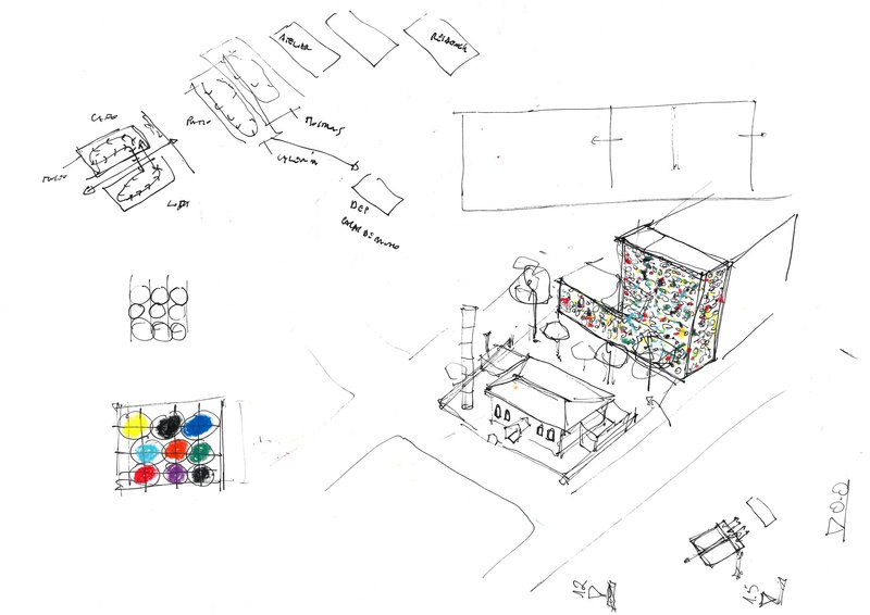 Sketch showing a rectangular volume with multicolored circular facade panels within a site context