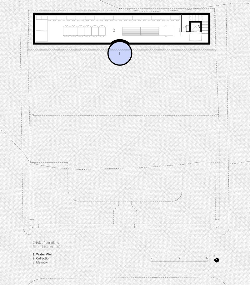 Floor plan drawing showing basement level with water well, collection area, and elevator core