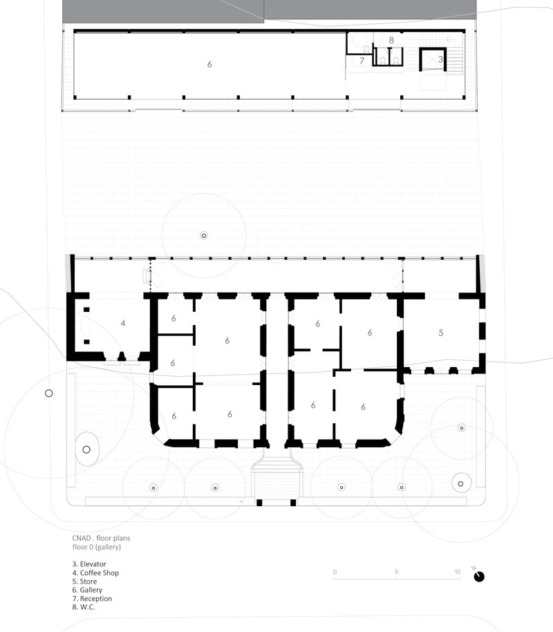 Ground floor plan drawing showing gallery spaces, coffee shop, store, and reception areas