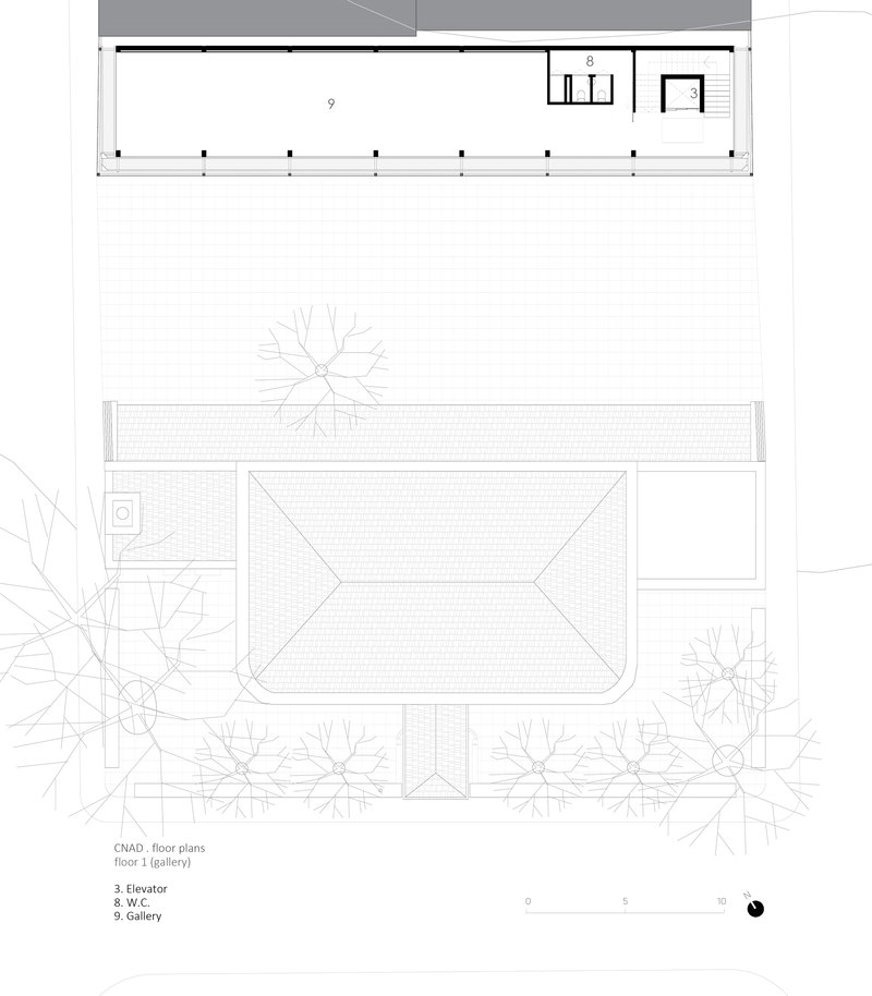 First floor plan drawing showing gallery level with surrounding trees in the site plan