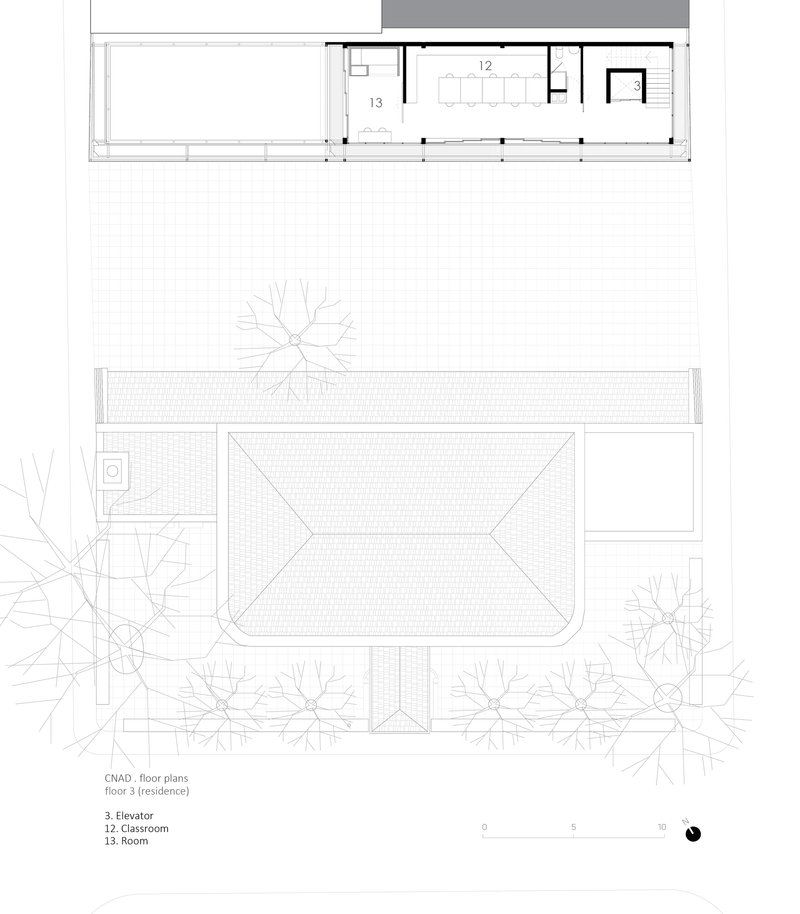 Third floor plan drawing showing residential level with classroom and adjacent room