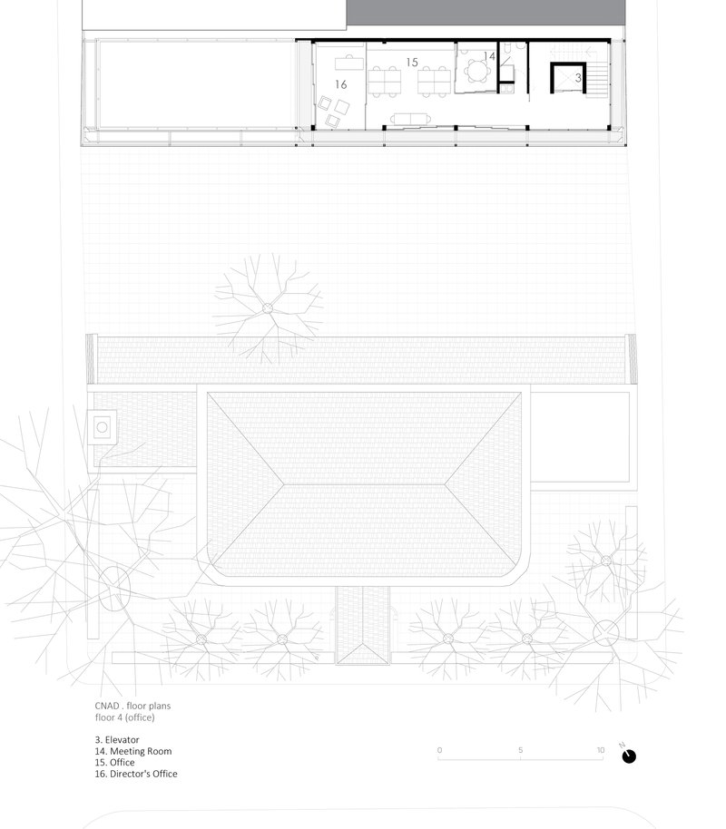 Fourth floor plan drawing showing office level with meeting room and director's office